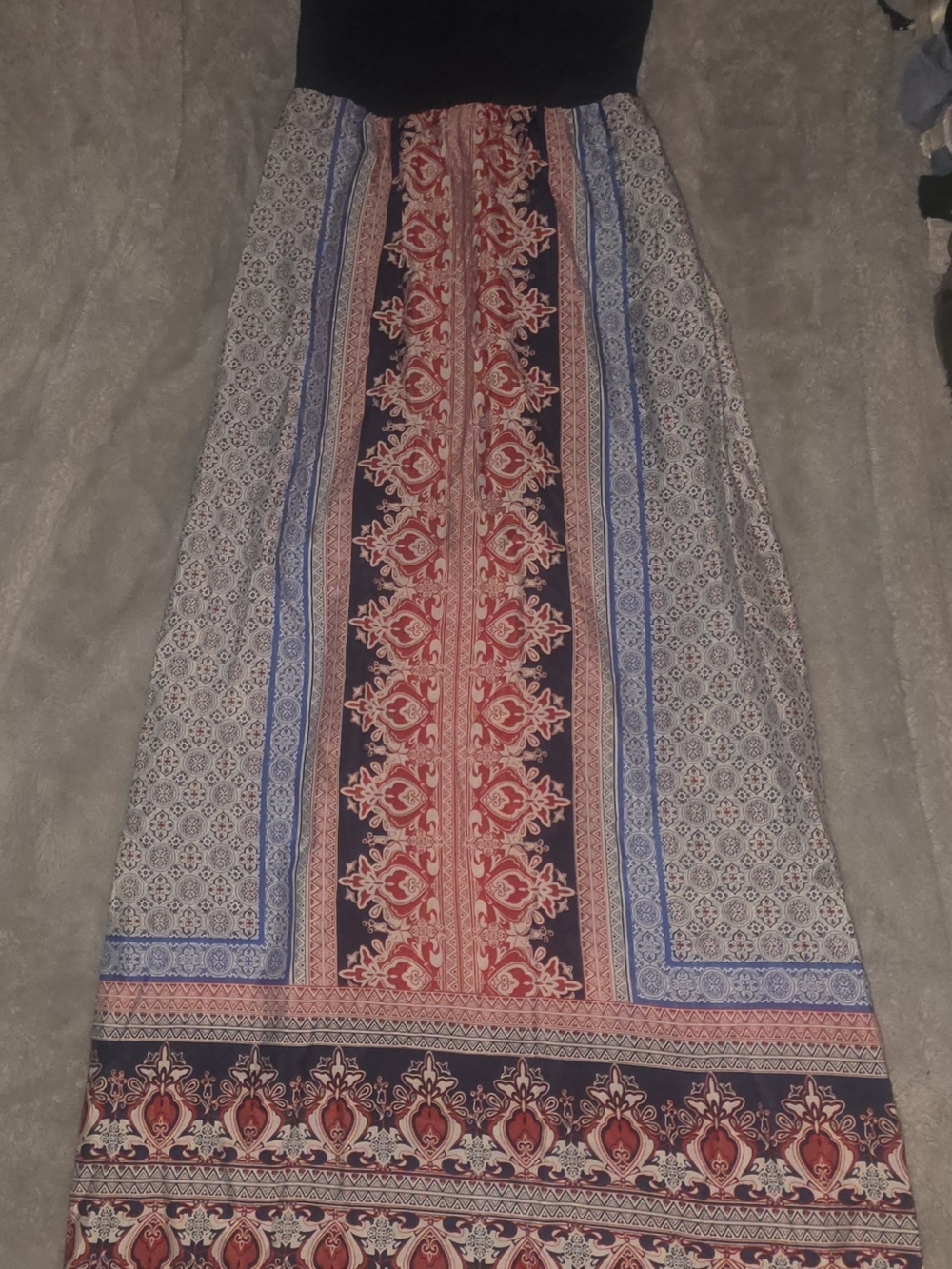 Accidentally In Love Strapless Boho Maxi Dress in Red, Blue & Black